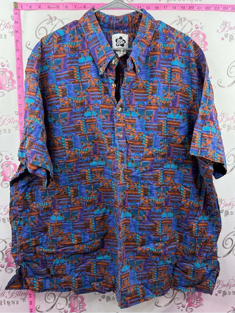 Hilo Hattie tiki shirt hawaii Blue brown Orange Short-Sleeve Button Shirt tropic